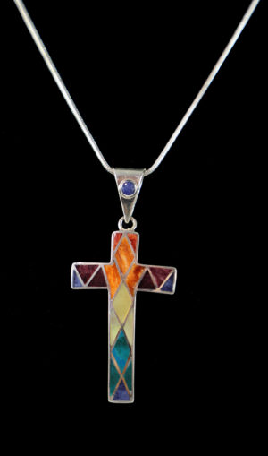 Handcrafted 950 Sterling Silver Cross Pendant ? Peruvian Inlay with Spiny Oyster, Chrysocolla, Mother of Pearl, Turquoise & Lapis Lazuli