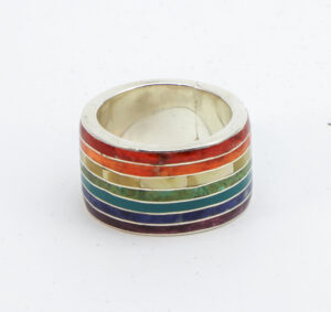 Authentic Chakana Inca Line Chakra Ring ? Rainbow Chakra Inlay Andean Sacred Symbol in .950 Silver Sterling Silver