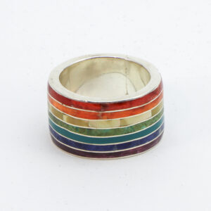 Authentic Chakana Inca Line Chakra Ring - Rainbow Chakra Inlay Andean Sacred Symbol in .950 Silver Sterling Silver