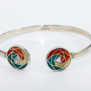 Authentic Chakana Inca Bracelet - Rainbow Chakra Inlay Andean Sacred Symbol in .950 Silver Sterling Silver