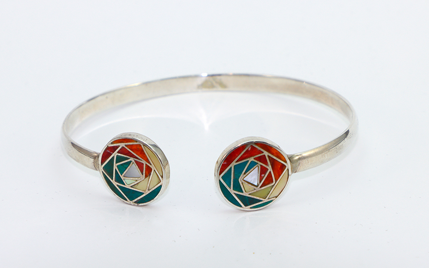 Authentic Chakana Inca Bracelet ? Rainbow Chakra Inlay Andean Sacred Symbol in .950 Silver Sterling Silver
