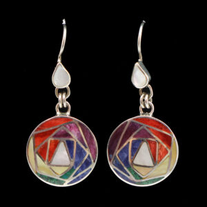 Authentic Chakana Inca Circluar Angular Pattern Earrings - Rainbow Chakra Inlay Andean Sacred Symbol in .950 Silver Sterling Silver