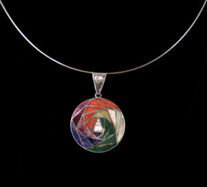 Authentic Chakana Inca Circluar Angular Pattern Necklace ? Rainbow Chakra Inlay Andean Sacred Symbol in .950 Silver Sterling Silver