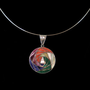 Authentic Chakana Inca Circluar Angular Pattern Necklace - Rainbow Chakra Inlay Andean Sacred Symbol in .950 Silver Sterling Silver