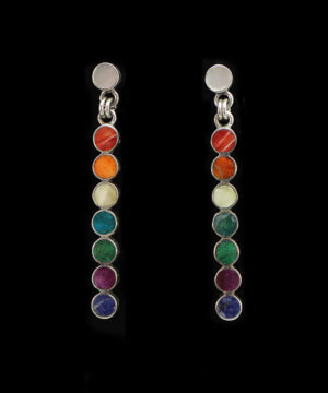 Authentic Chakana Inca Round Chakra Earrings ? Rainbow Chakra Inlay Andean Sacred Symbol in .950 Silver Sterling Silver