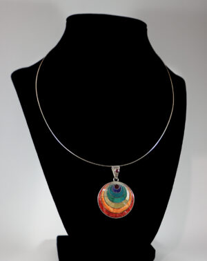 Authentic Chakana Inca Circular Pattern Necklace ? Rainbow Chakra Inlay Andean Sacred Symbol in .950 Silver Sterling Silver