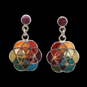 Authentic Chakana Inca Flower of Life Earrings - Rainbow Chakra Inlay Andean Sacred Symbol in .950 Silver Sterling Silver