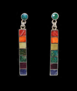 Authentic Chakana Inca Square Chakra Earrings ? Rainbow Chakra Inlay Andean Sacred Symbol in .950 Silver Sterling Silver