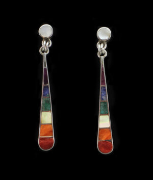 Authentic Chakana Inca Teardrop Chakra Earrings ? Rainbow Chakra Inlay Andean Sacred Symbol in .950 Silver Sterling Silver