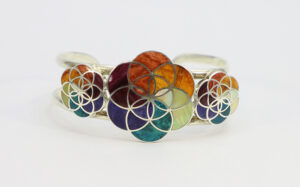 Authentic Chakana Inca Triple Flower of Life Bracelet - Rainbow Chakra Inlay Andean Sacred Symbol in .950 Silver Sterling Silver