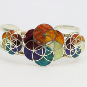 Authentic Chakana Inca Triple Flower of Life Bracelet - Rainbow Chakra Inlay Andean Sacred Symbol in .950 Silver Sterling Silver